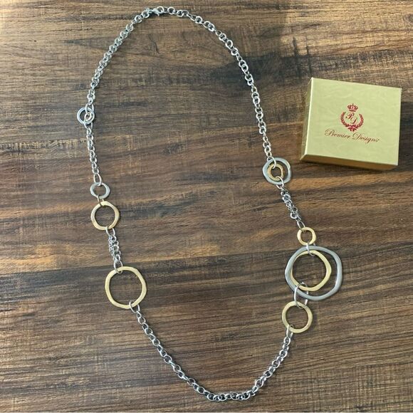 Premier Designs Cutting Edge Silver/Goldtone Open Circle Long Chain 36" Necklace - Picture 1 of 6
